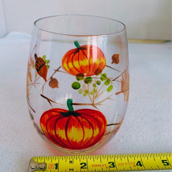Orange Pumpkins with Leaves Stemless Wine Glasses | Harvest | Fall Thanksgiving - Picture 3 of 6